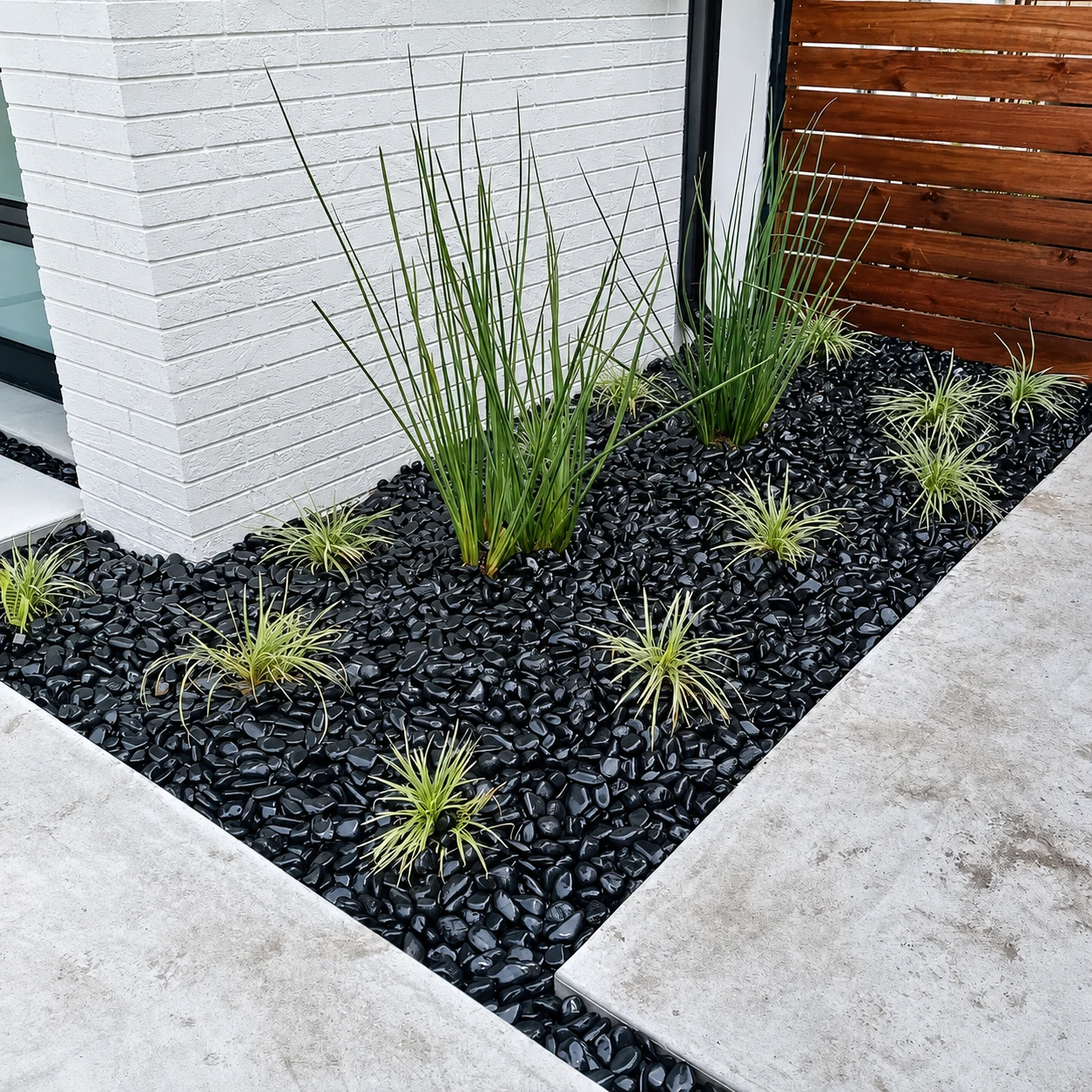Detail view of a hardscape project with pavers, dark rock, and clean planting areas.